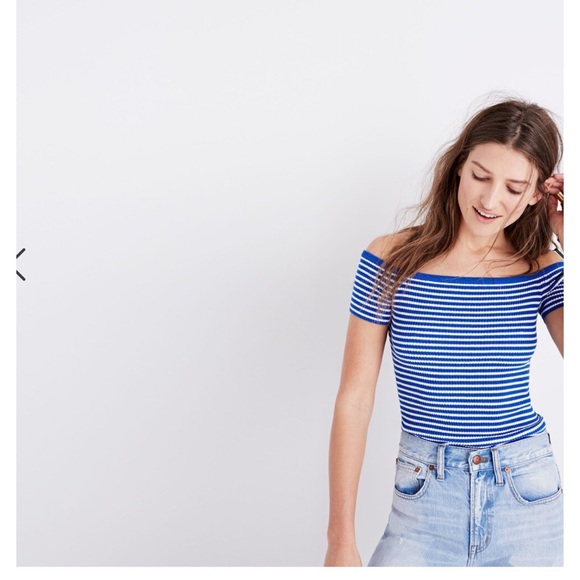 Madewell Off-the-Shoulder Sweater in Blue Stripe - size M - NWT - Picture 4 of 8
